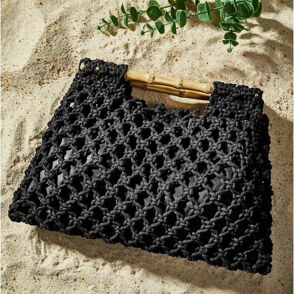 Elegant Black Straw Hobo Clutch - Versatile Handbag for Beach & Casual Outings - Picture 2 of 6